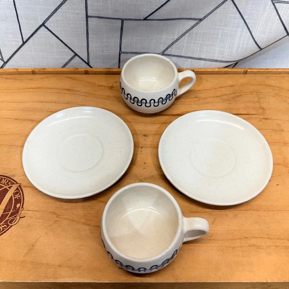 Vintage Poppytrail by Metlox Blue Wavy Squiggle Cup and Saucer Set of 2‎ CHIPPED